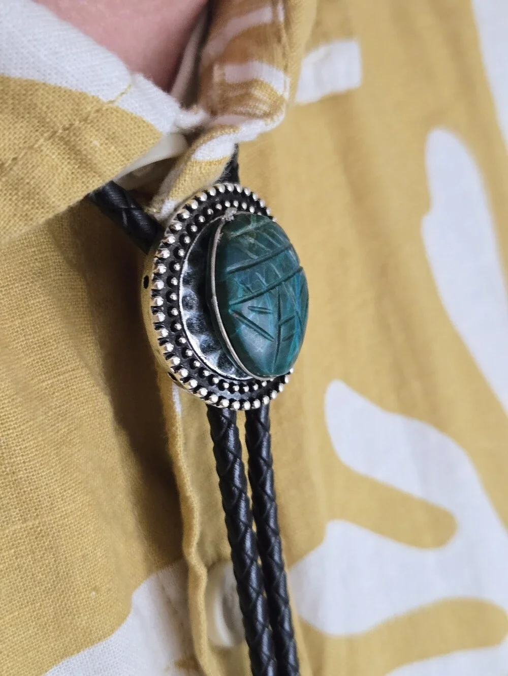 Silver Chrysocolla Scarab Western Bolo Tie Leather Braid Rockstar 70s Aesthetic
